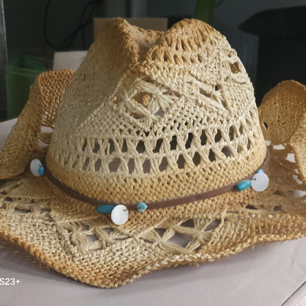 Beige Crochet Cowboy Hat with Beaded Band by Scala.